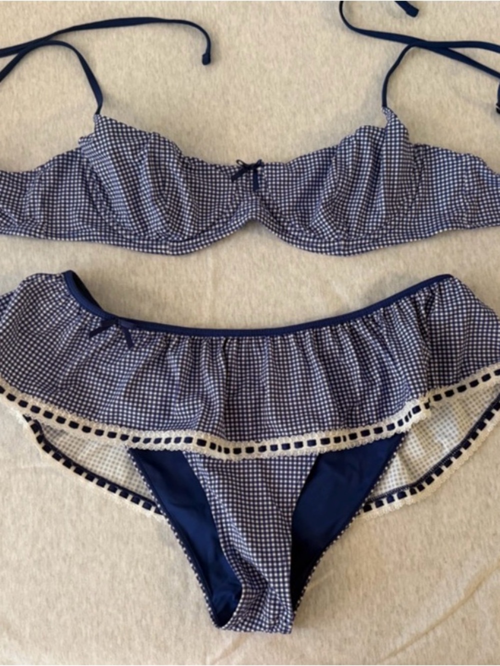Frankie's Bikinis | Navy Gingham Check Ruffle Bikini Bottom | Navy / White | XL